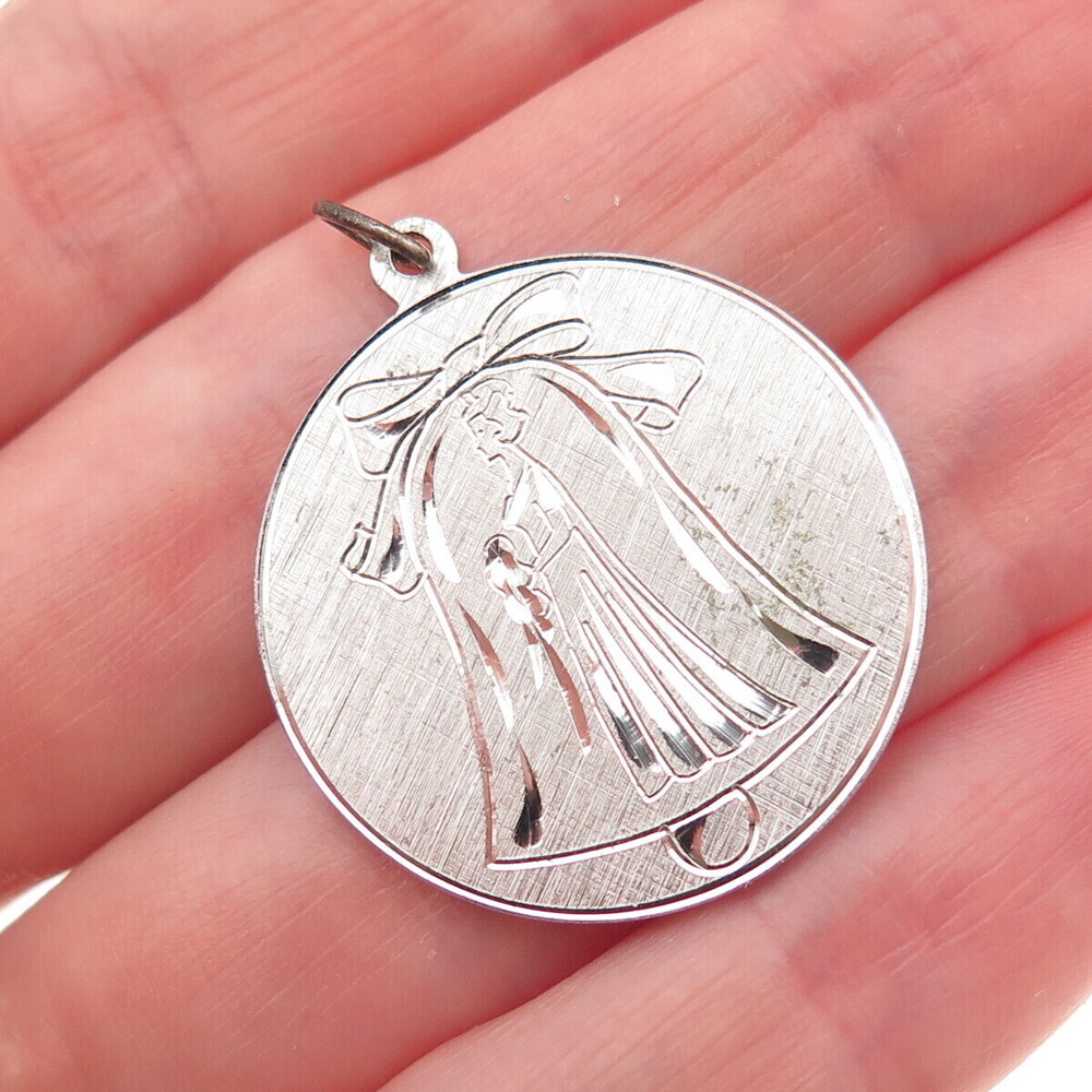 ANSON 925 Sterling Silver Vintage Bride's Bell Round Tag Charm Pendant